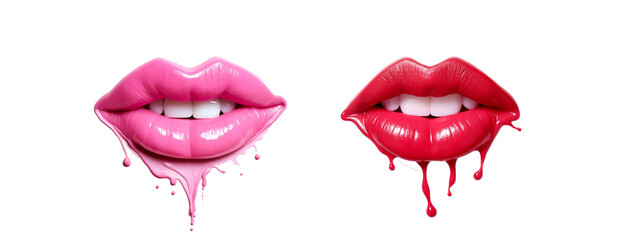 Woman's lip set. Girl mouth close up with red lipstick makeup expressing different emotions. melting color . png isolated on transparent background . - obrazy, fototapety, plakaty