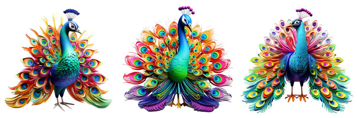 set of 3D ornamental, beautiful textured peacocks. Embroidery style colourful bright peacock bird ,generative ai .