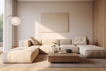 Fototapeta premium Studio apartment with beige sofa und pouf. Minimalist home interior design of modern living room