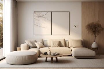  Studio apartment with beige sofa und pouf. Minimalist home interior design of modern living room