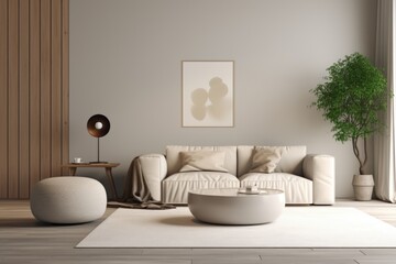 Fototapeta na wymiar Studio apartment with beige sofa und pouf. Minimalist home interior design of modern living room