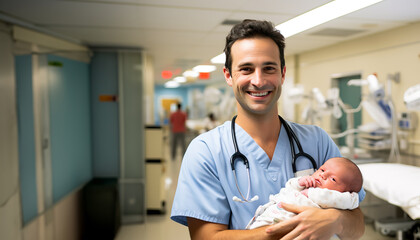 A doctor or male midwife holding a new born bay in his arms at the hospital. Concept of childbirth and healthcare professionals. Shallow field of view. - obrazy, fototapety, plakaty