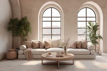 Obraz premium Stylish beige sofa in room with arched windows and stucco walls. Loft interior design of modern living room