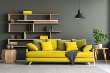 Stylish grey sofa with yellow pillows near green wall with wooden book shelf. Scandinavian interior design of modern living room