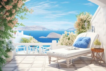 Fototapeta premium Summer terrace with sunbed. Traditional Mediterranean white house. Summer vacation background