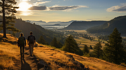 Mountain Adventure: Couple Hiking in Sunny Landscape