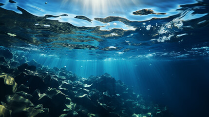 Fototapeta na wymiar Sunlit Seabed: Underwater Ocean with Sun Rays