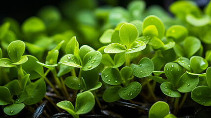 Glistening Greens: Closeup of Radiant Green Plants with Water Drops