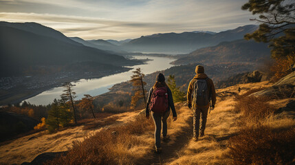 Riverside Hike: Couple Trekking in Sunny Mountain Landscape