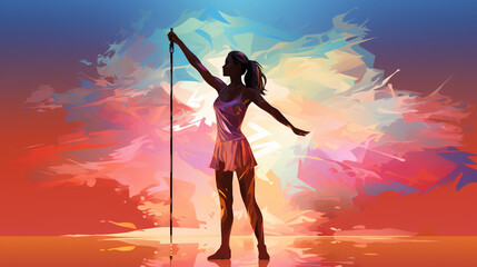 Sunset Ballet Serenity: Female Dancer with Pole (Illustration)