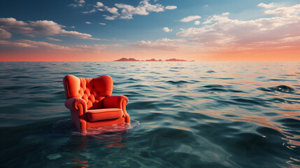 Seaside Solitude: Red Armchair in Sea Water at Sunset
