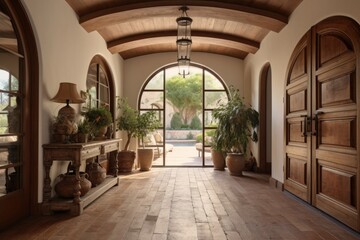 Timber beam ceiling and arched door in mediterranean style hallway. Interior design of modern rustic entrance hall with door in farmhouse - obrazy, fototapety, plakaty