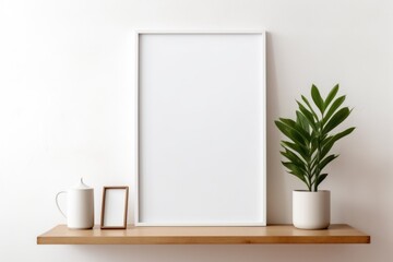 Vertical empty mock up poster frame on wooden shelf. Interior design of modern living room with white wall and home decor pieces