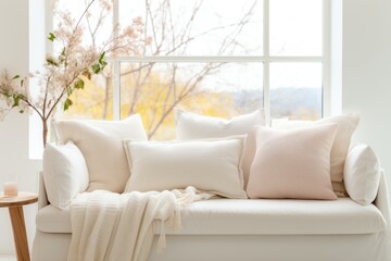 White cushions and cream color blanket on white sofa against of window. Scandinavian style interior design of modern living room, soft pastel colors