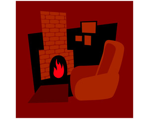 Chimney corner. Fireplace. A fire in the fireplace, a soft chair. Vector image for prints, poster and illustrations.
