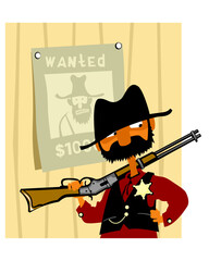 Justice in the Wild West. New lawman. An armed sheriff near a portrait of a criminal. Vector image for prints, poster and illustrations.