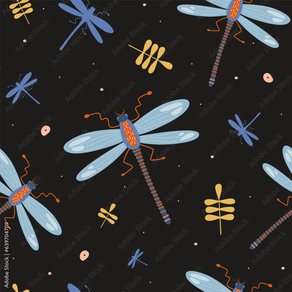 Poster seamless pattern with cartoon insects on a dark isolated background. dragonflies fly among the flowe