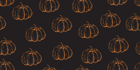 Seamless pattern with pumpkins. Autumn sketch style pumpkin. Background with engraving style vegetables. Orange pumpkins on black background. Vector texture