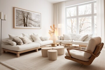 White sofa and armchairs in scandinavian style home interior design of modern living room
