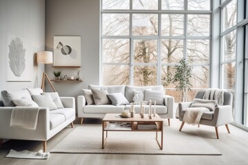 White sofa and armchairs in scandinavian style home interior design of modern living room