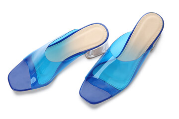Stylish blue sandals on white background