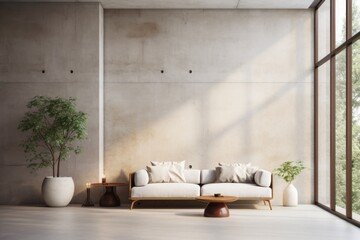 White sofa and terra cotta lounge chairs against window in room with concrete walls. Minimalist loft japanese style interior design of modern living room