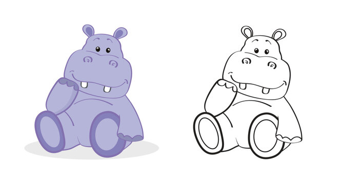 Coloring Page Of Cute Little Hippo For Preschool Kids Activity Educational Worksheet.