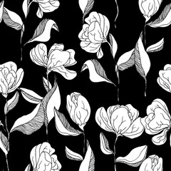 Big white flowers with foliage - hand drawn seamless pattern on black color background