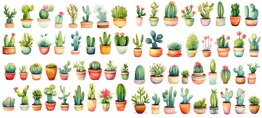 watercolor cactus and succulent pot plant set in cute cartoon style isolated on white background, children art style design, Generative Ai