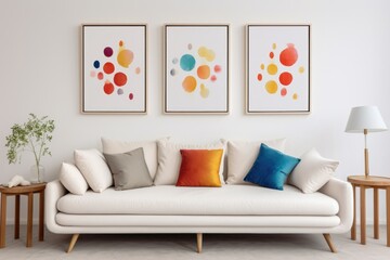 White sofa with colorful cushions against of white wall with art poster. Scandinavian style interior design of modern living room