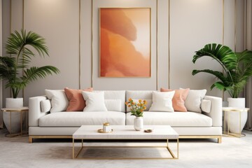 White sofa with terra cotta cushions and golden side tables. Art deco style interior design of modern living room