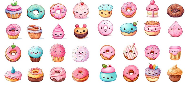 watercolor cupcakes and donuts set in cute cartoon style isolated on white background, children art style design, Generative Ai