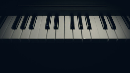 Piano keys in black background. Perspective front view