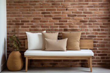 Wooden bench with pillows near brick wall with copy space, Loft interior design of modern living room