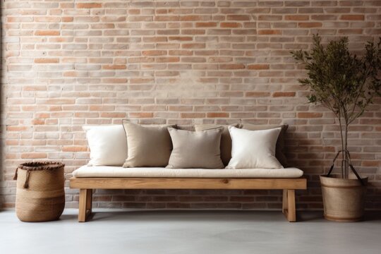 Wooden bench with pillows near brick wall with copy space, Loft interior design of modern living room