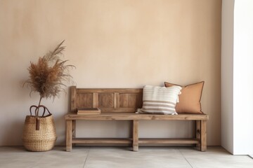 Wooden handmade bench in bright hallway. Interior design of modern rustic entrance hall with door in farmhouse