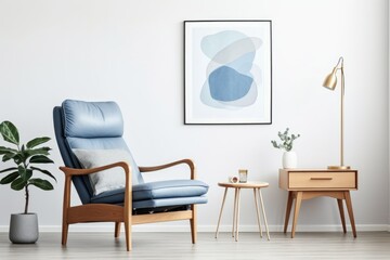Wooden recliner chair with blue leather cushion near cabinet and side table against white wall with poster frame. Scandinavian or mid-century interior design