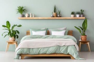 Wooden shelf with potted houseplants above bed with light jade green bedding. Scandinavian interior design of modern bedroom