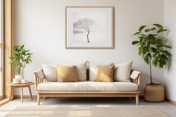 Wooden sofa with pillows and blanket against wall with art poster. Scandinavian interior design of modern stylish living room