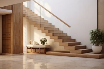 Wooden staircase and marble floor in minimalist interior design of modern entrance hall with door