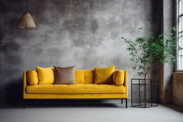 Yellow sofa against grid window in room with concrete walls. Loft interior design of modern living room