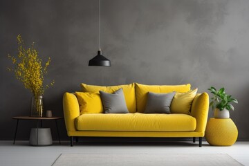 Yellow sofa and decorative home decor accent pieces against grey and yellow wall with copy space. Minimalist style home interior design
