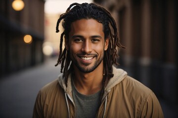 A young man with dreadlock dark brown hair smling in city
