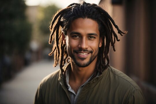 A young man with dreadlock dark brown hair smling in city
