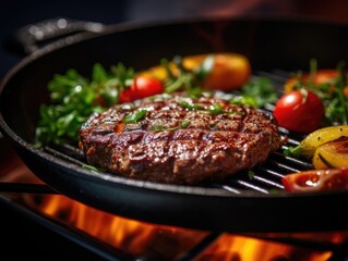 Hamburger in a frying pan, close-up shot