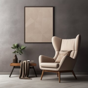 Beige wing chair and big mock up poster near dark gray wall. Interior design of modern living room