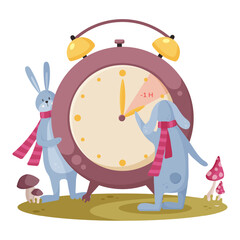 Daylight Saving Time concept. Autumn landscape with rabbits, the hand of the clocks turning to winter time. Vector illustration in modern cartoon style.