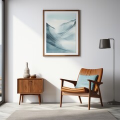 Blue chair near brown cabinet and art poster on white wall. Mid century style interior design of modern living room