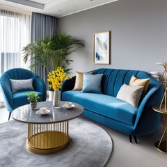  Blue sofa and armchairs near round coffee table. Interior design of modern living room