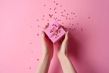 Female hands holding pink giftbox on the pink background, golden confetti, top view. Generative AI